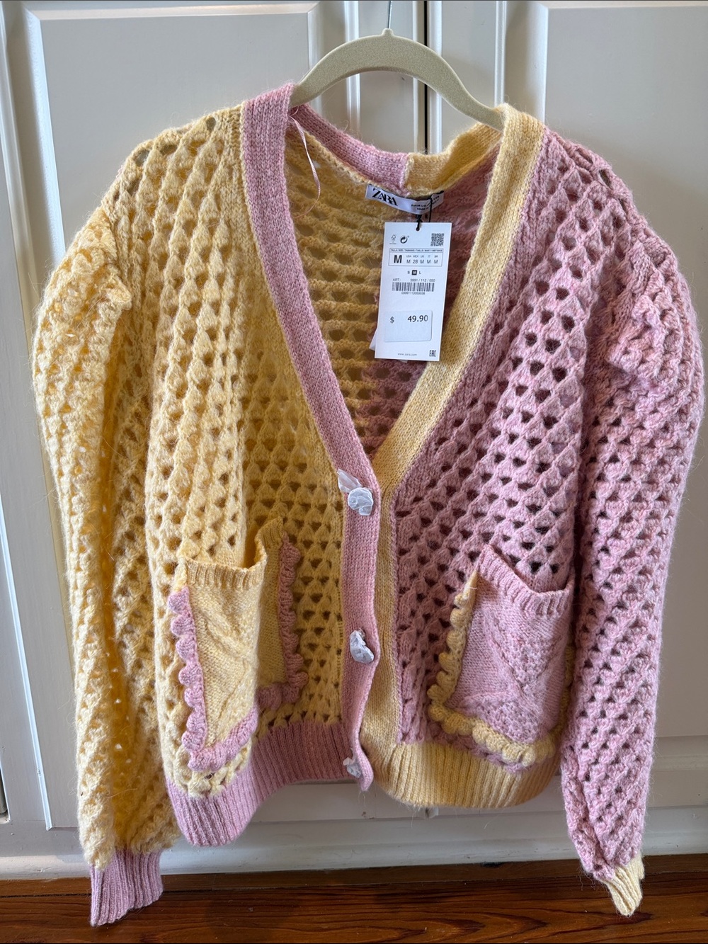 Zara Lavender & Yellow crochet. Cardigan with Scalloped-Trim pockets Med NWT